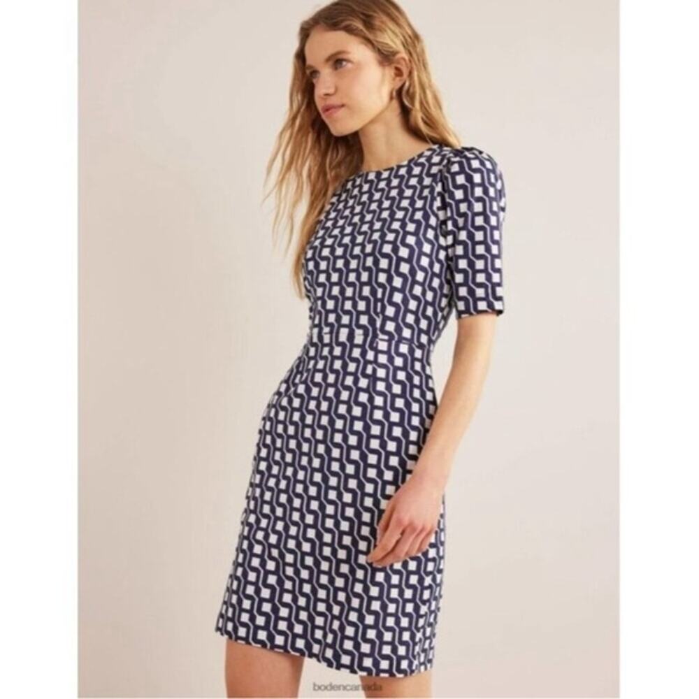 Boden Zoe Cotton Jersey Dress Navy/White Geometric Print Structured Shoulder, 8‎